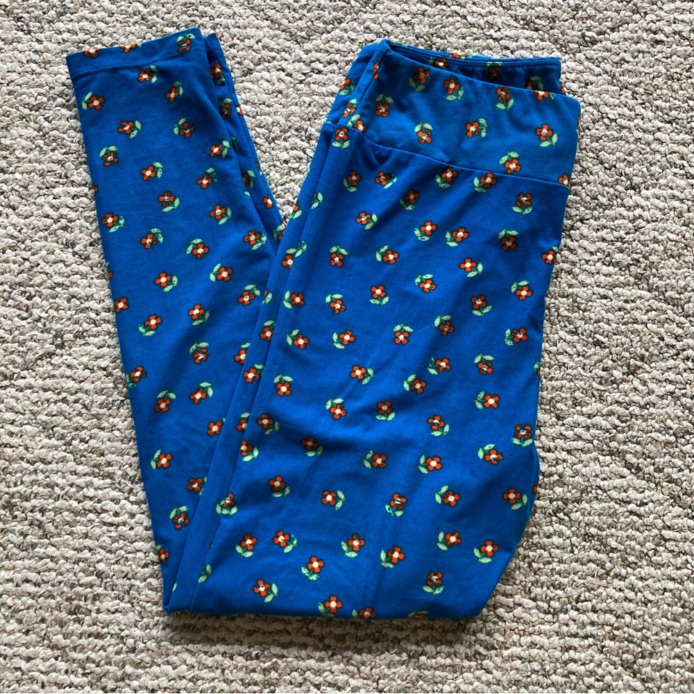5/$15 LuLaRoe Blue & Orange Floral Print Leggings TC